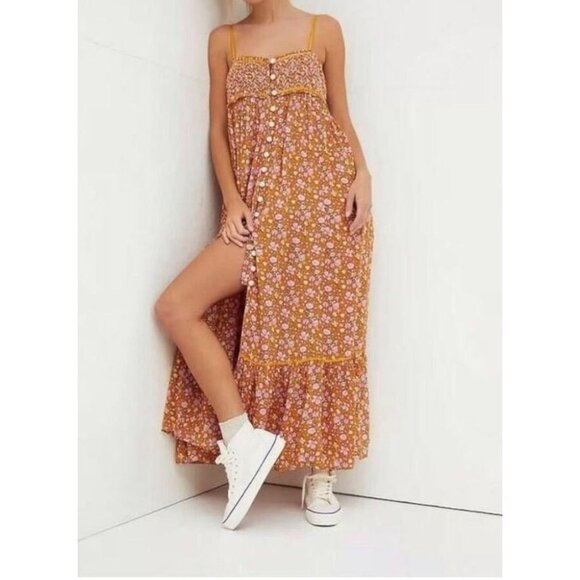 Free People Dresses & Skirts - Free People Molly Jo Midi Maxi Dress Women Small Tiered Mustard Floral Smocked